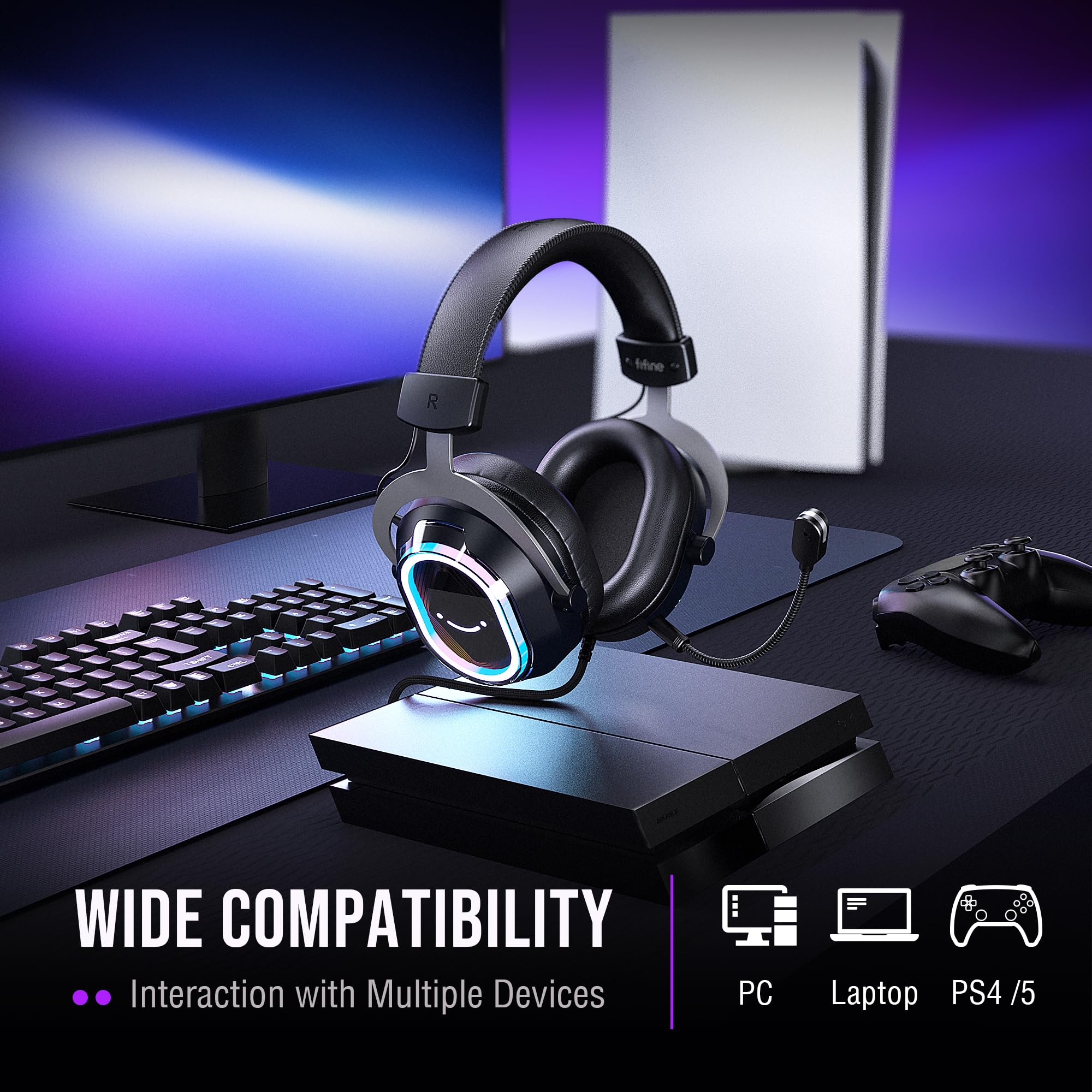 FIFINE Gamingowe słuchawki USB z balansem gry/czatu, dźwięk 7.1, mikrofon z redukcją szumów, RGB do streamingu dla Mac/PC/laptop/PS5/PS4 – H13BP