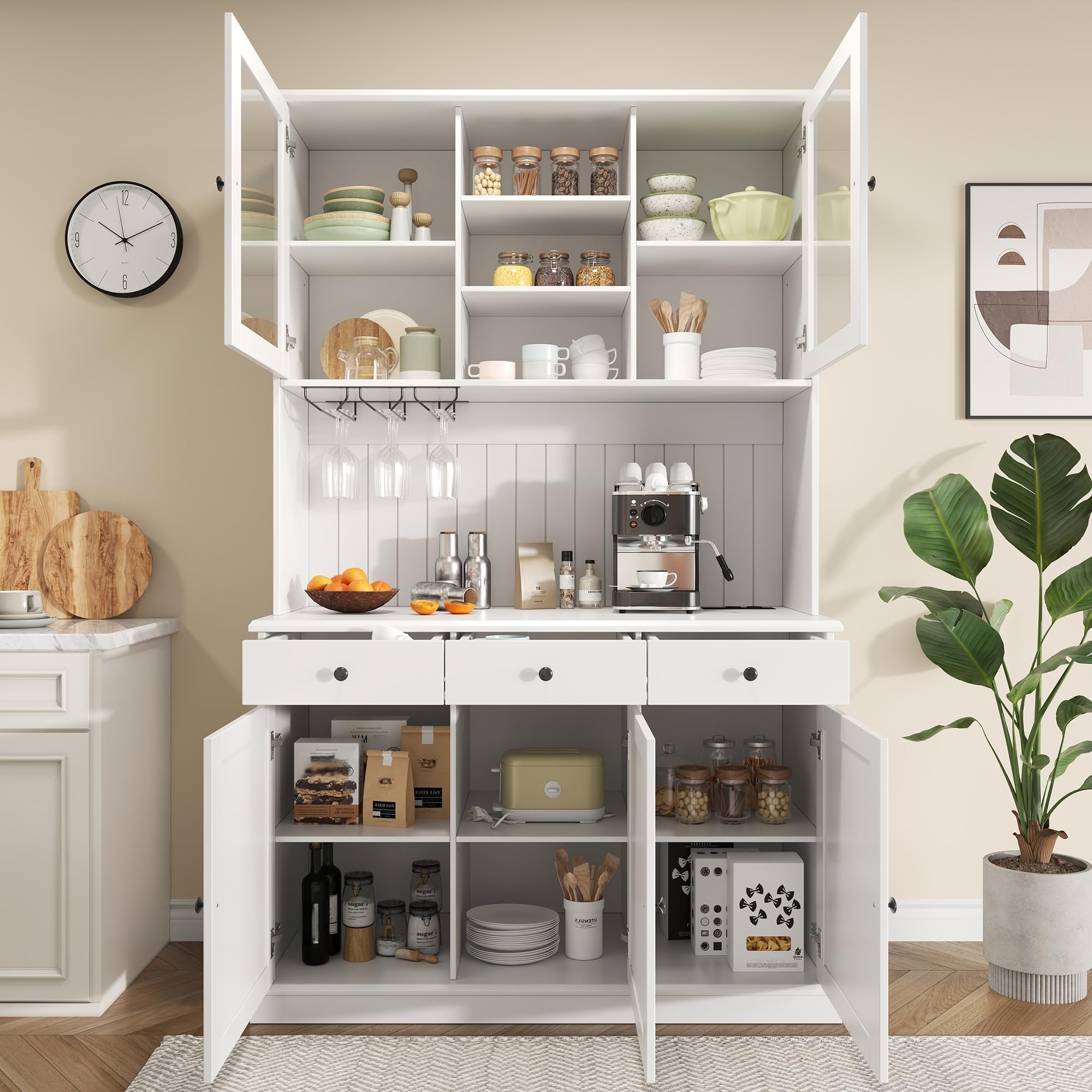 Küchenschrank mit USB Buchse für Wohnzimmer, Hochschränk mit Schubladen & Türen, Vorratsschrank mit Verstellbaren Regal & Weinregal, Buffetschrank für Esszimmer, 191x120x40 cm (Weiß)