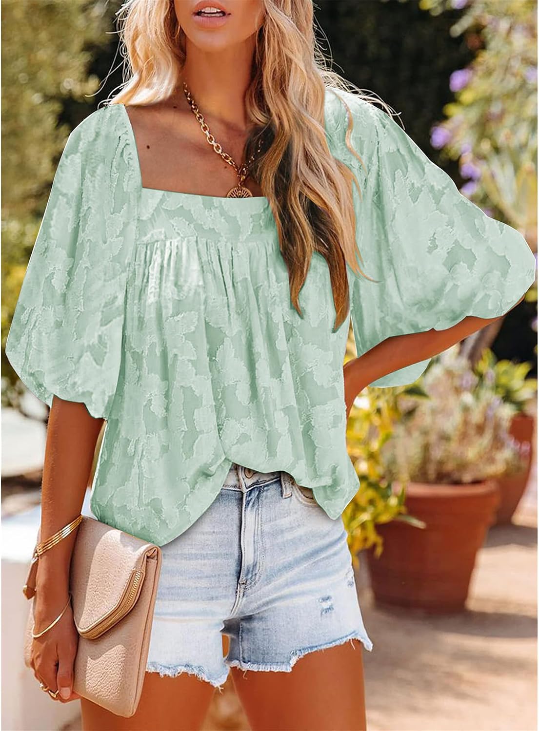 Womens Square Neck Tunic Shirts Tops Fashion Casual Textured Short Sleeve Loose Fit Bell Sleeves Ruffle Flowy T Shirts