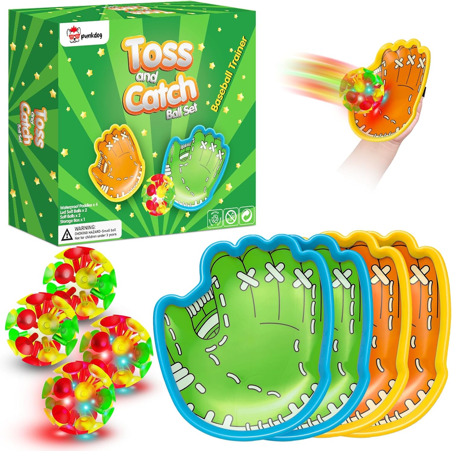 punkdog LED Toss and Catch Ball Game Set - 2 LED and 2 Regular Suction Cup Ball with 4 Easy-Grip Gloves - Beach Sports Toys for Kids - Outdoor Games for Backyard or Park - Easter Gift for Kids