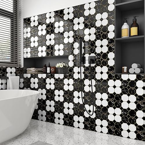 Miniatura 4 de Wallercity Azulejos de pared autoadhesivos de mármol dorado para cocina, 12 x 12 pulgadas, azulejos de pared de vinilo de mármol dorado para baño