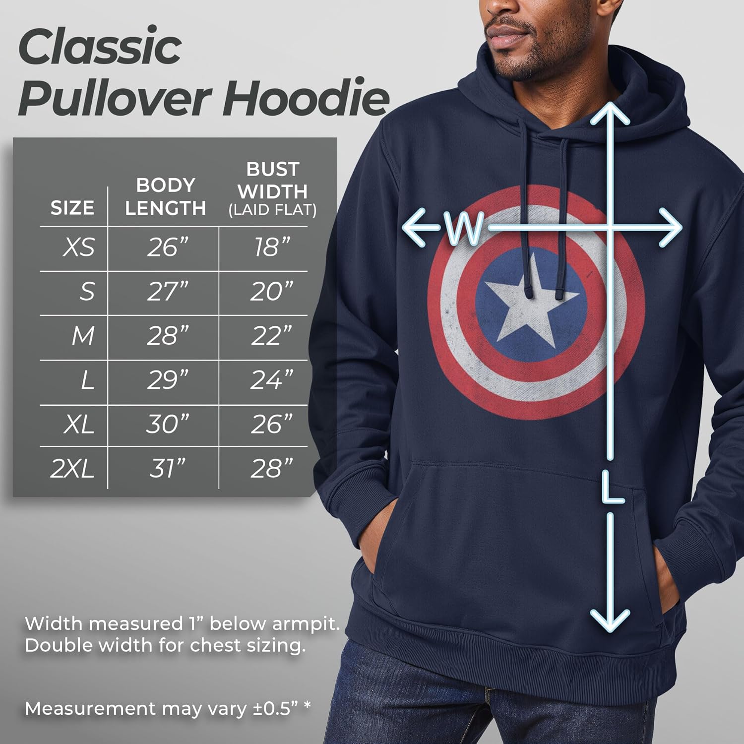 Marvel Men's Captain America Classic Shield Pull Over Hoodie, Gift For Fan