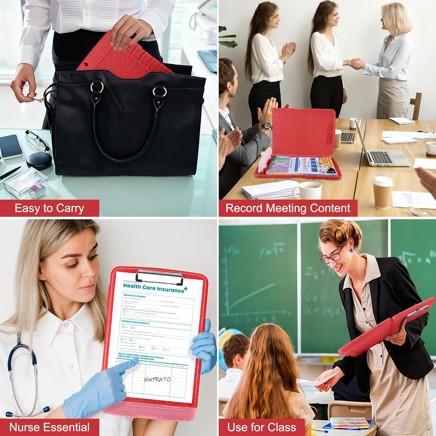 HWPRATO Glitter Clipboard with Storage, Clip Boards 8.5x11 with Pen Holder, Binder Clipboards with Low Profile Clip Heavy Duty Plastic Nursing Clipboard Folder Side Opening (Glitter Red) image 5