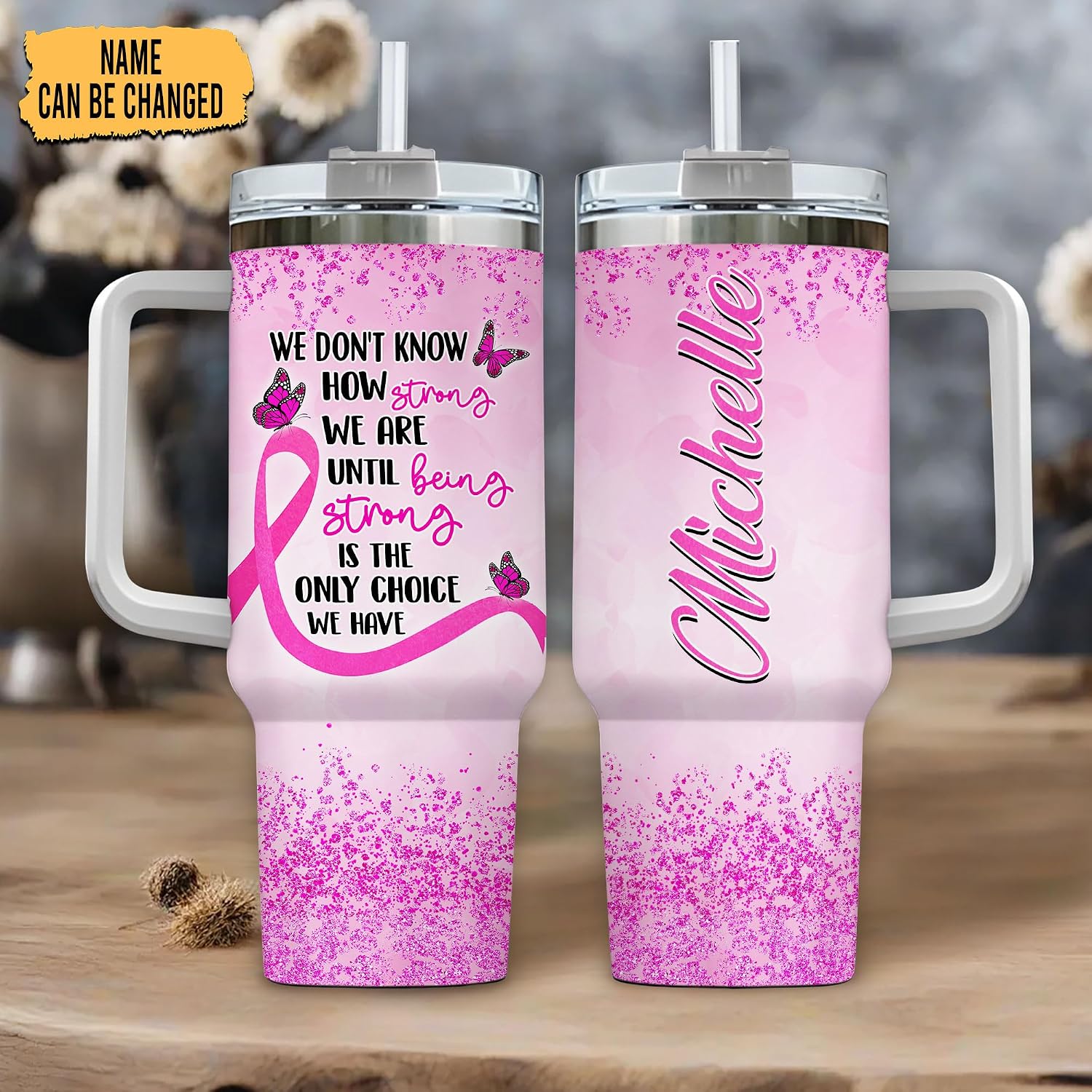 Hyturtle Personalized Gifts For Breast Cancer Awareness Tumbler 40oz with Handle and Straw - Stainless Steel Travel Coffee Cup - Motivational Gifts For Friend, Mom On Awareness Month, Christmas