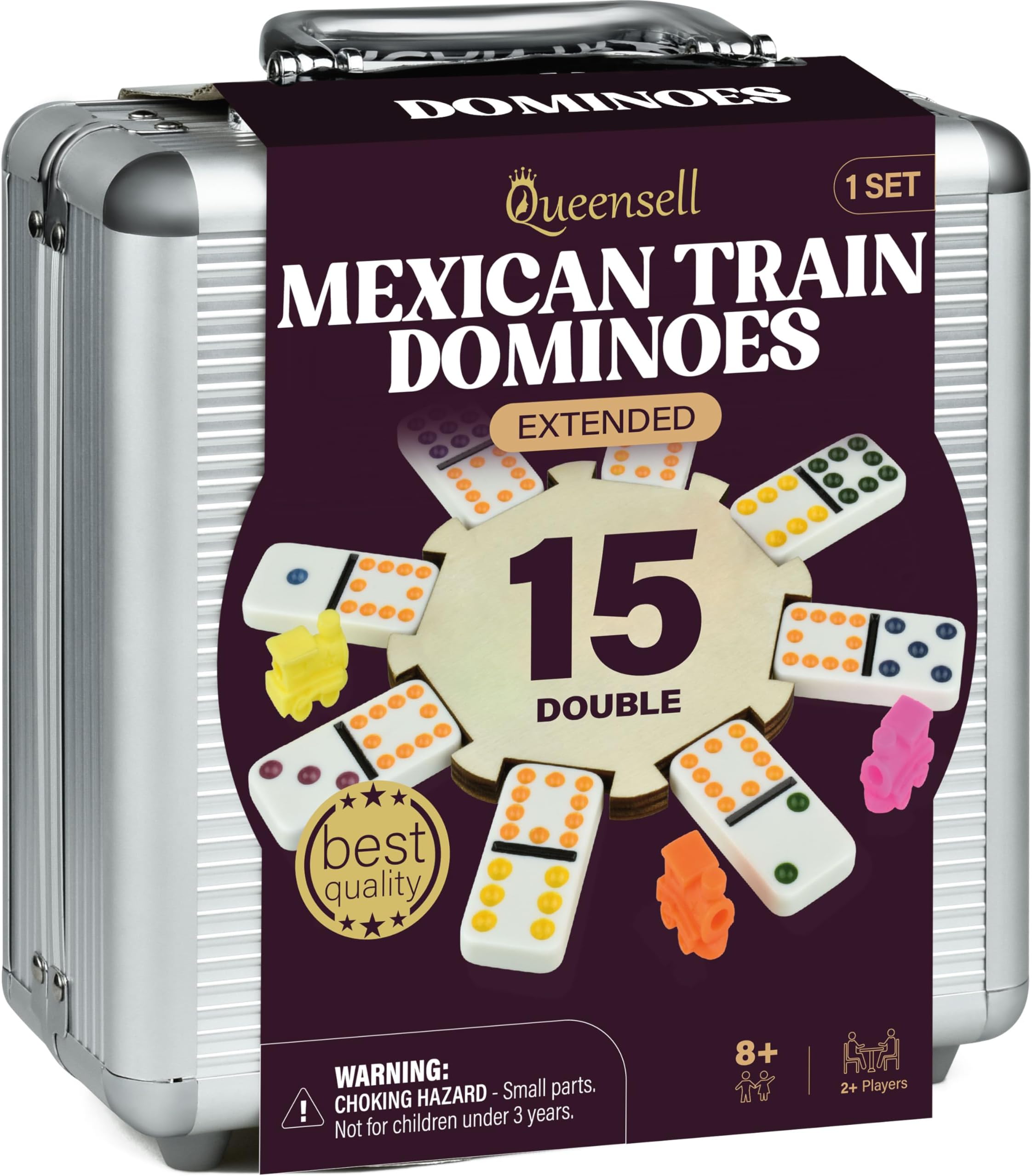 Queensell Mexican Train Dominoes Set Double 15 - Dominoes Set for Adults and Family, Mexican Train Double 15 Domino Stones with Coloured Dots - 136 Bricks, 9 Drags, Wooden Centrepiece, Aluminium Case