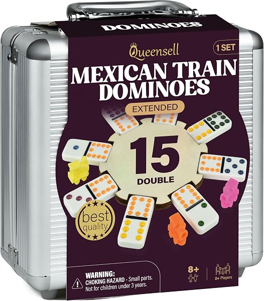 Queensell Mexican Train Dominoes Set Double 15, Dominoes Set for Adults and Family- 136 Tiles, 9 Trains, Wooden Hub, Alu
