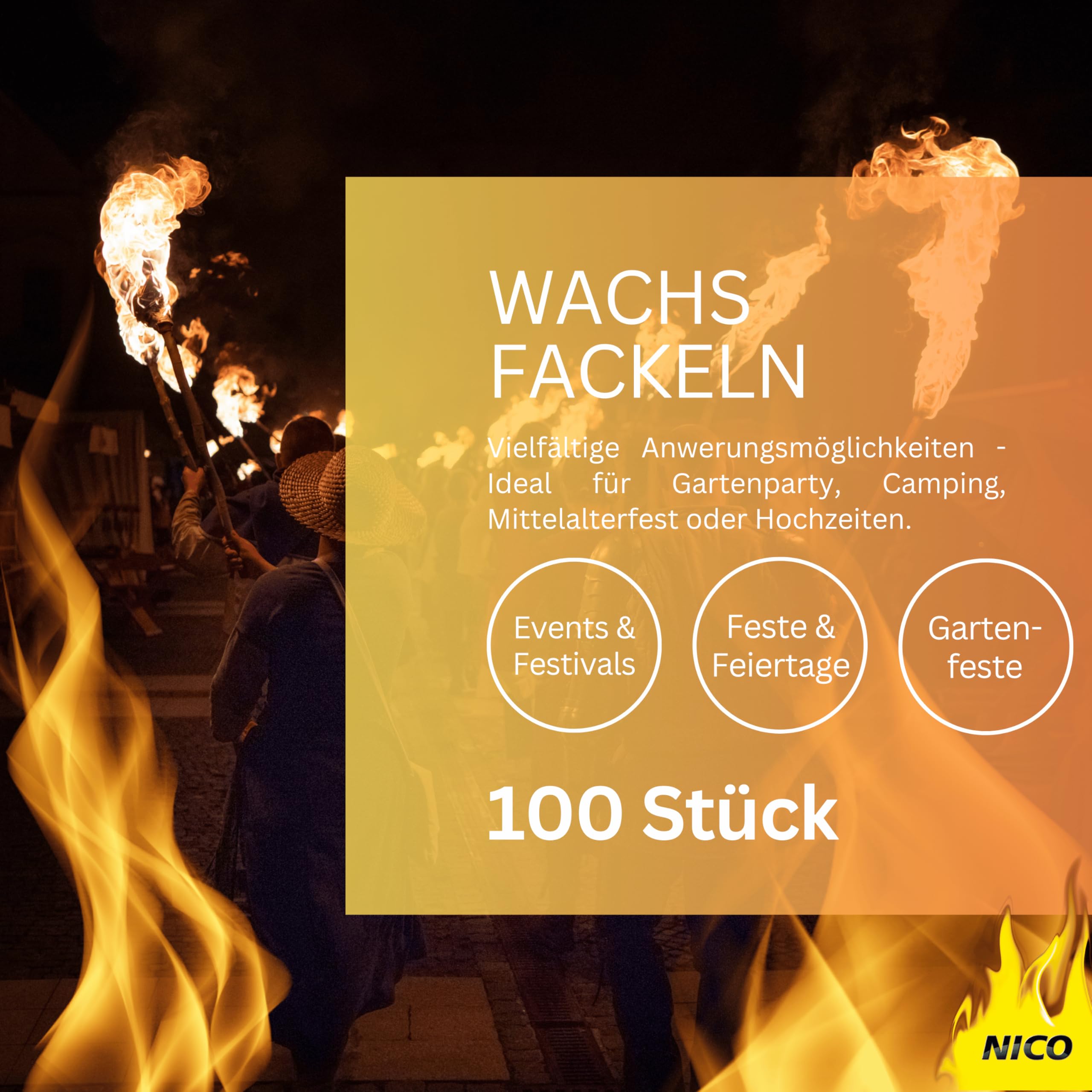 100 Stück Wachsfackeln, Brenndauer 60 Min. I hochwertige Fackeln aus Wachs mit Handschutz I Garten-Fackel für Outdoor Party, Event, Nacht-Wanderung