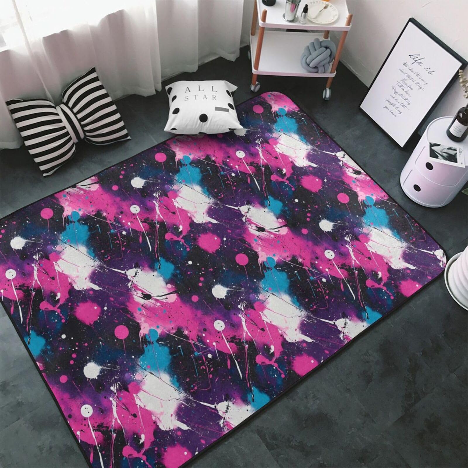 Tapis de salon rose et bleu 150x100 cm lavable et antidérapant pour déco de chambre