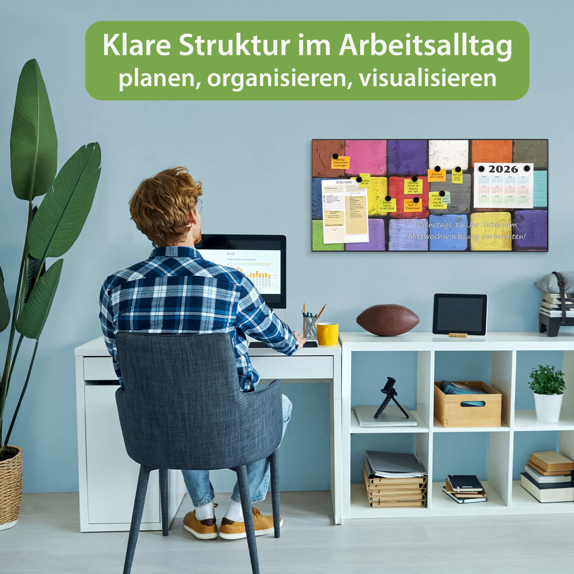 banjado Magnettafel Metall 78 x 37cm - beschreibbare Magnettafel - Metall Pinnwand als Memoboard - Magnetwand Küche, Büro, Kinderzimmer Schwarz inkl. 4 Magnete & Montageset - Motiv Bunte Kreide