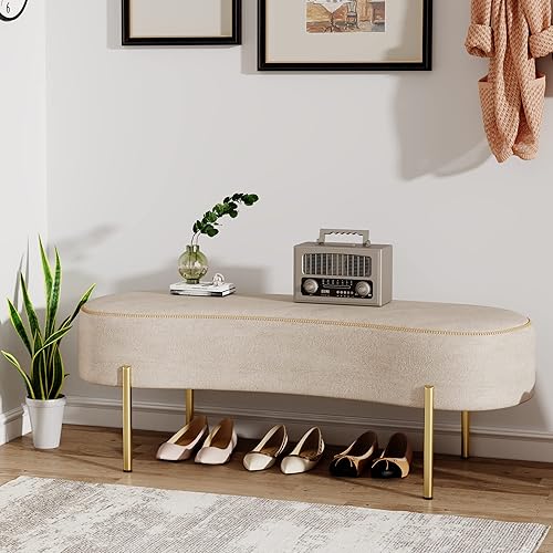 Miniatura 3 de ALISH Banco tapizado moderno otomano, banco de cama, banco de entrada con patas doradas para sala de estar, dormitorio, color blanco