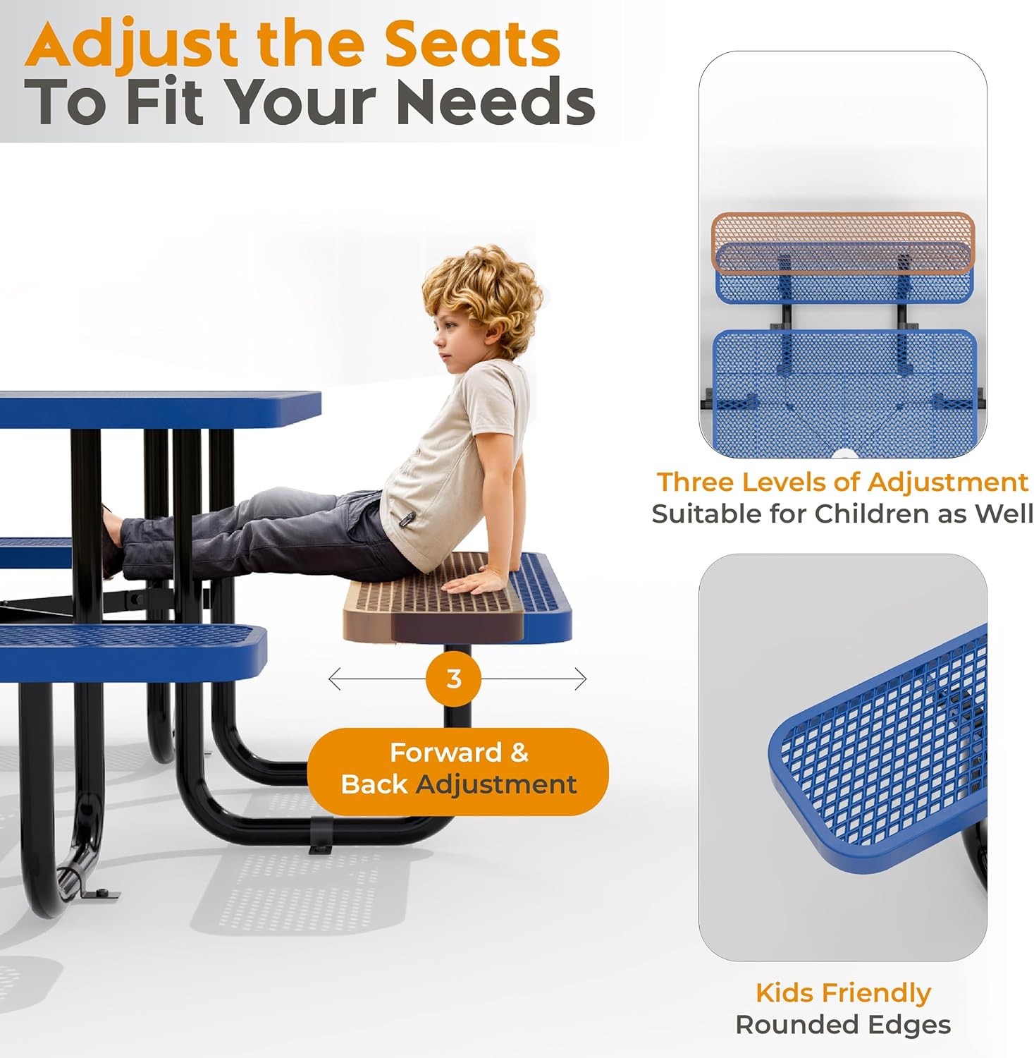 Metal Picnic Tables for Outdoors with Umbrella Hole - Coated Steel Heavy Duty Commercial Grade Furniture (Blue, 46 in, Square, Expanded Steel)