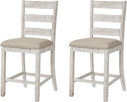 Signature Design by Ashley Skempton | 2-Count 24" Counter-Height Upholstered Bar Stools – Coastal Chic Ladder-Back, Antique White Encalar,Marrón