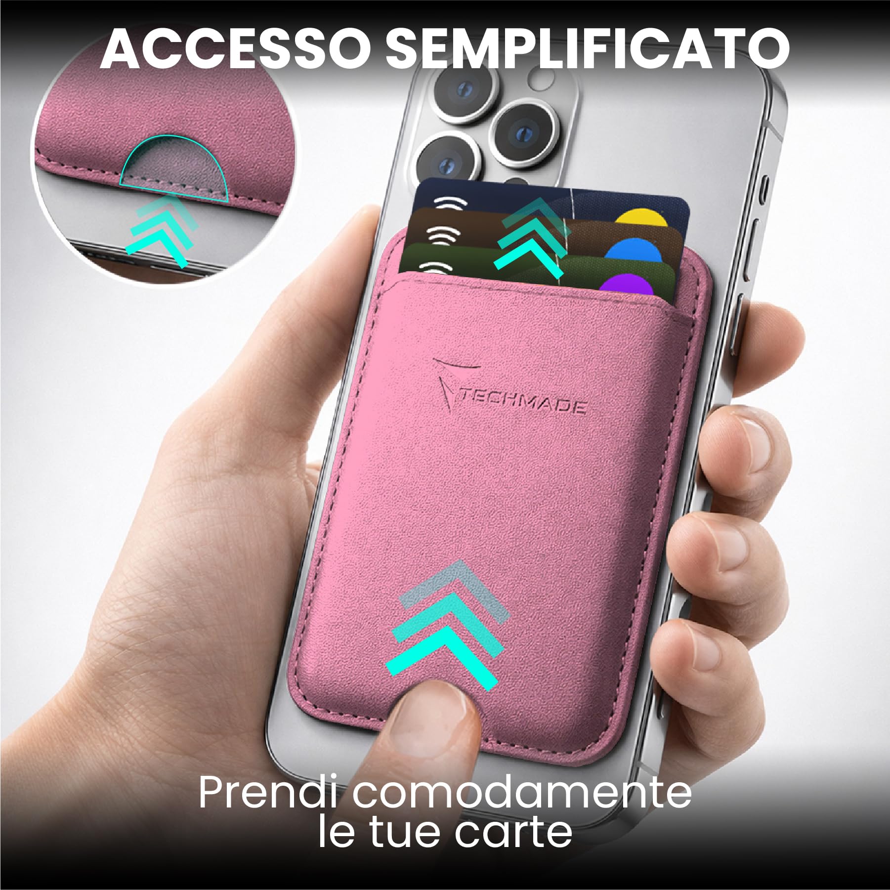 TECHMADE Portacarte MagSafe Compatibile per iPhone, Anello Adattatore Incluso - Spazio per 3 Carte o Contanti, Sistema di Estrazione Rapida - Blocco RFID, in Eco-Pelle Vegana (fucsia)