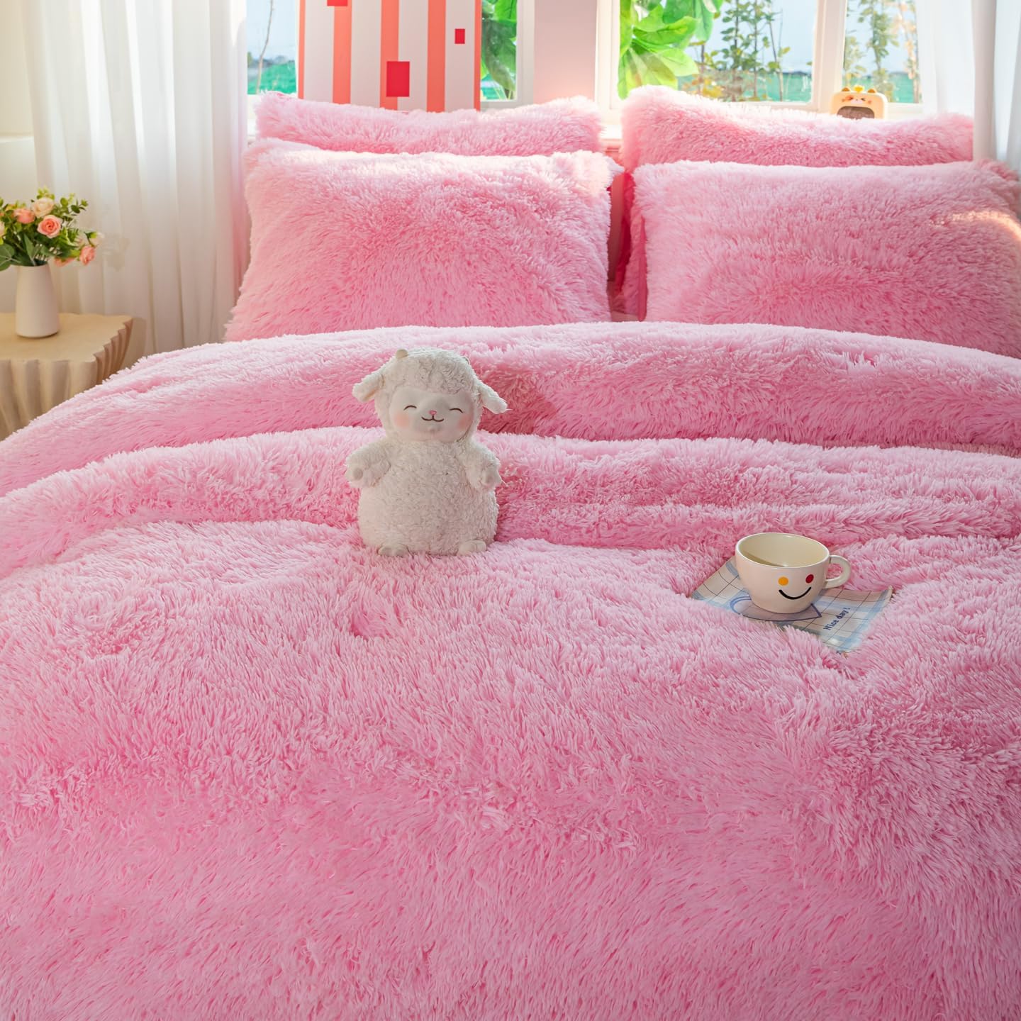 Kids Girls Faux Fur Light Pink Comforter Sets Twin/Full - 3PC Bed Set Skin Friendly Soft Warm Comfortable Classical Rabbit Plush Velvet Flannel Fluffy Fuzzy Bedding(Comforter x 1 Pillowcases x 2) - Image 6