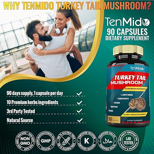 Miniatura 8 de Extracto de suplemento de hongo de cola de pavo con melena de león, cordyceps, reishi y más, 10 hierbas en 1 | Mejora la función digestiva, apoya el