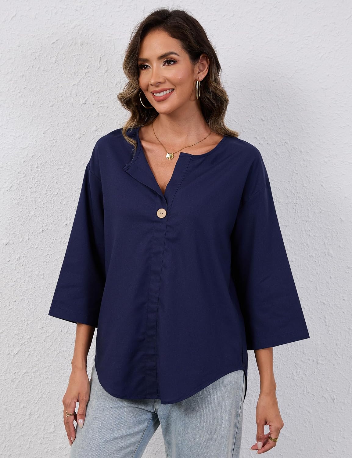 Summer Linen Shirts for Women Button Down V Neck 3/4 Sleeve T-Shirt Blouse Casual Loose Basic Solid Tunic Tops 2025 - Image 8