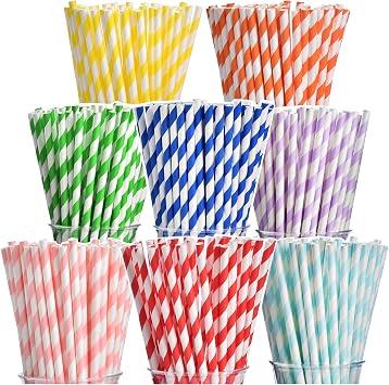 ALINK 200-Pack Biodegradable Paper Straws, Assorted Rainbow Striped Smoothie Straws for Birthday, Wedding, Bridal/Baby Shower, Christmas Decorations and Party Supplies
