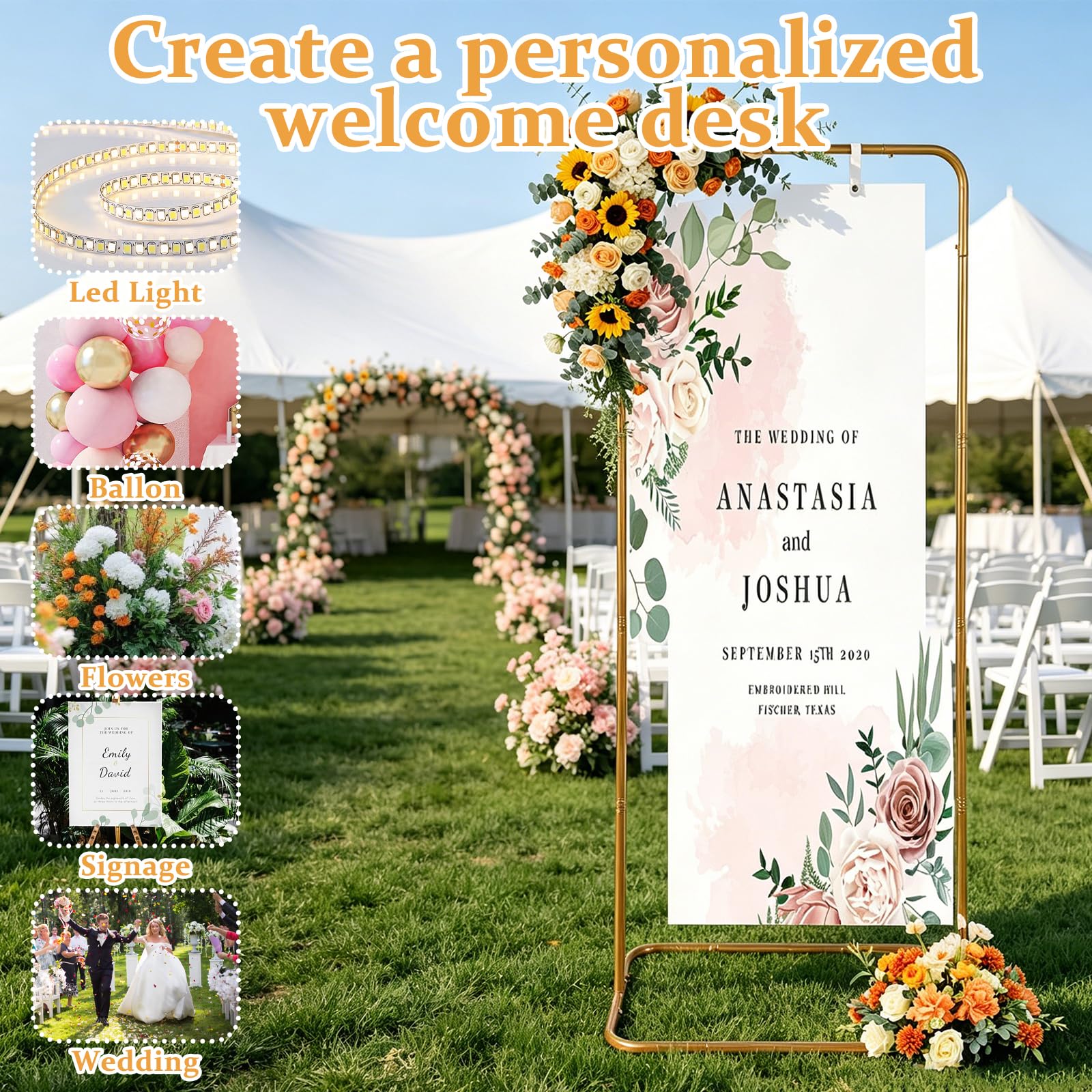YEXEXINM Supporto per cartello di matrimonio, altezza regolabile, in metallo nero, con 4 cinghie in pelle, resistente, per classifiche dei posti, poster, cerimonie di laurea (oro)