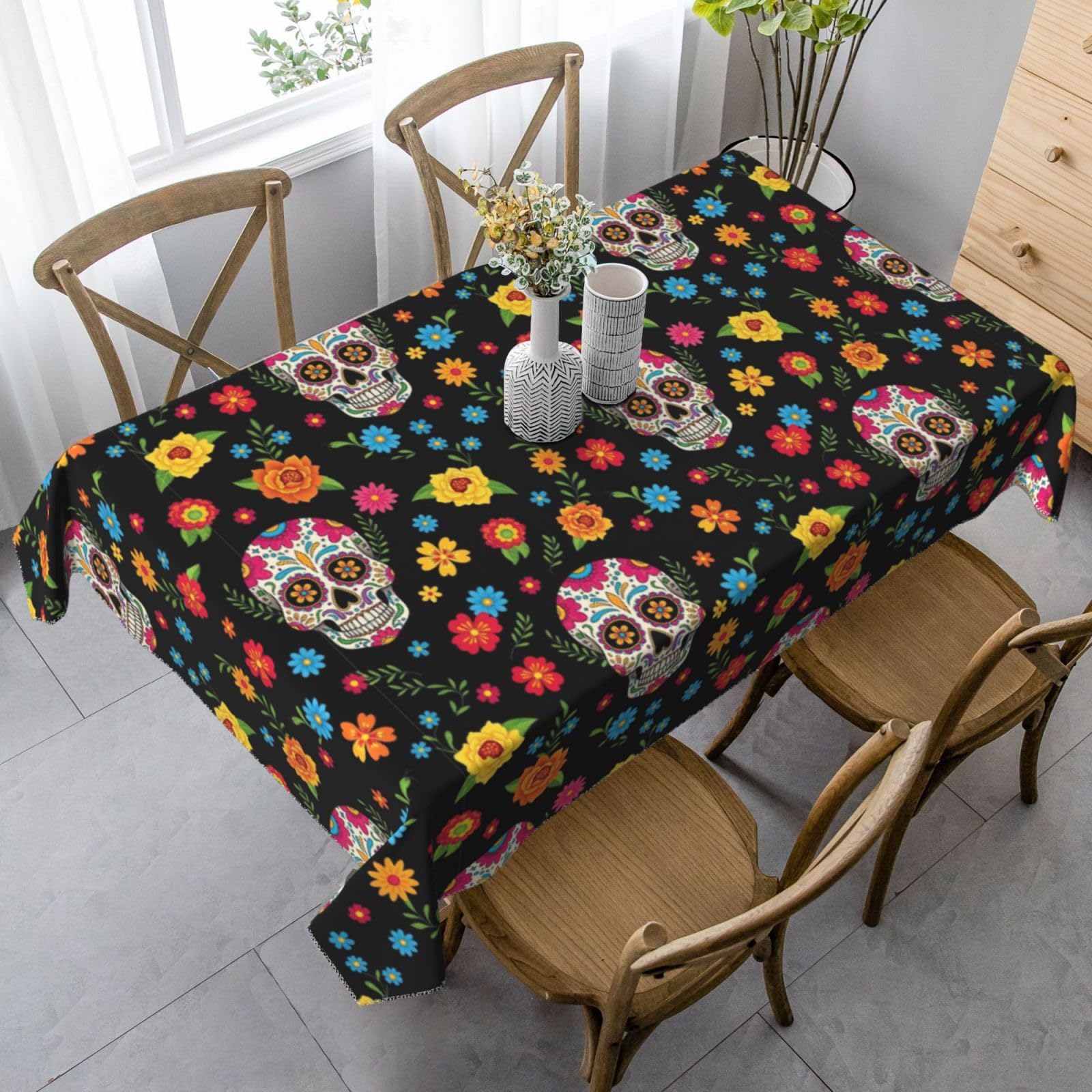 Nappe de table mexicaine crânes en sucre fleurs housse table restaurant cocktail 137x183cm