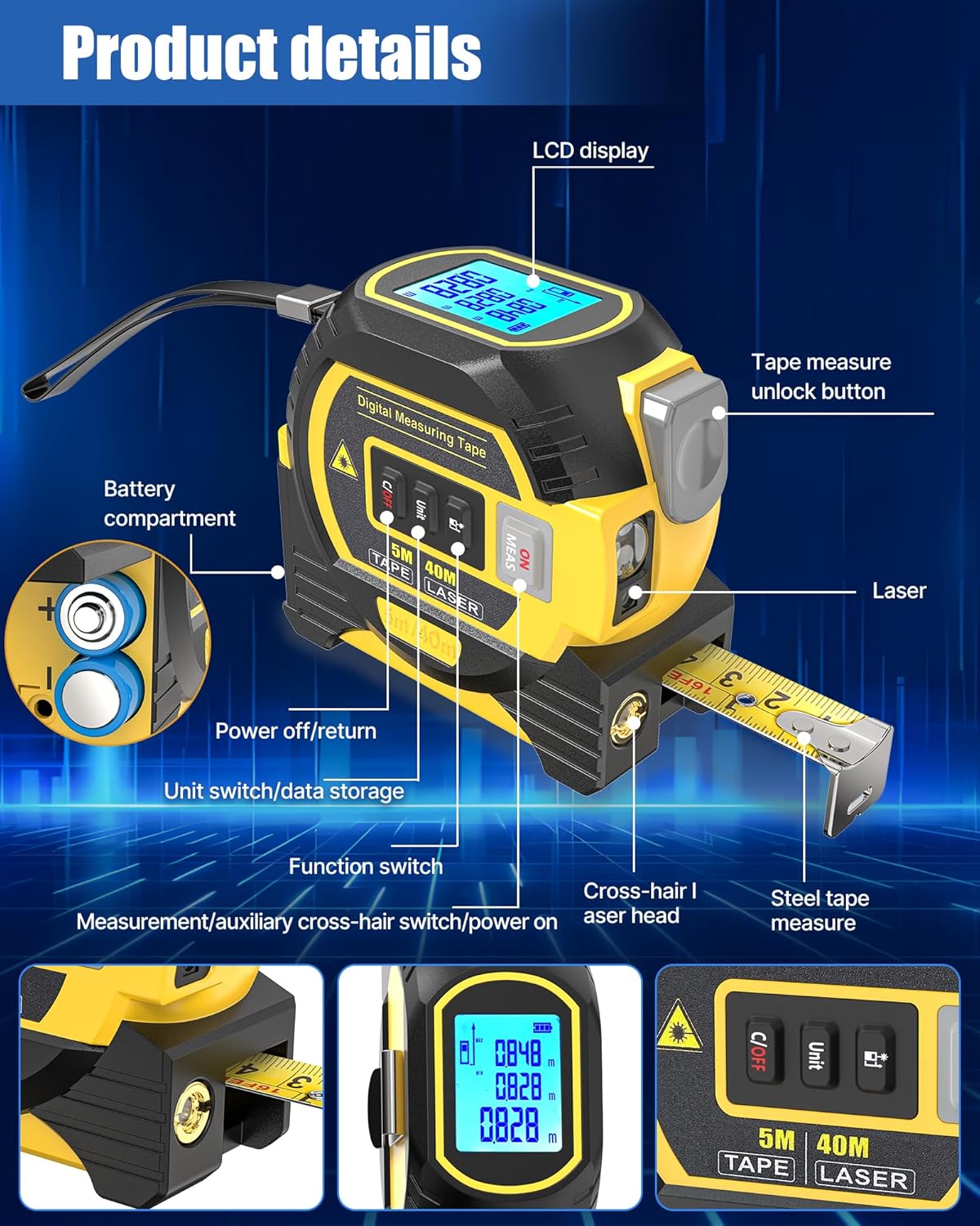 The Ruler 3-in-1 Measuring Tape, Tools Tape Measure, 3-in-1 Rangefinder with Led Display, 3 in 1 Digital Tape Measure with Cross Line, AutoLock, Measure Area, Volume, Pythagorean (Yellow)