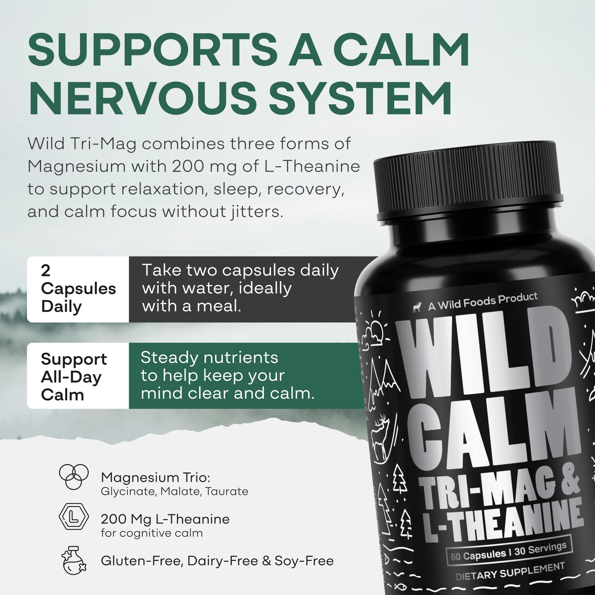 Wild Foods 3 in 1 Magnesium Glycinate L Theanine for Calm Sleep & Muscle Relaxation - Glycinate, Malate, Taurate - 100% Natural Magnesium Complex for Women and Men - 60 Capsules — Amazon image 4