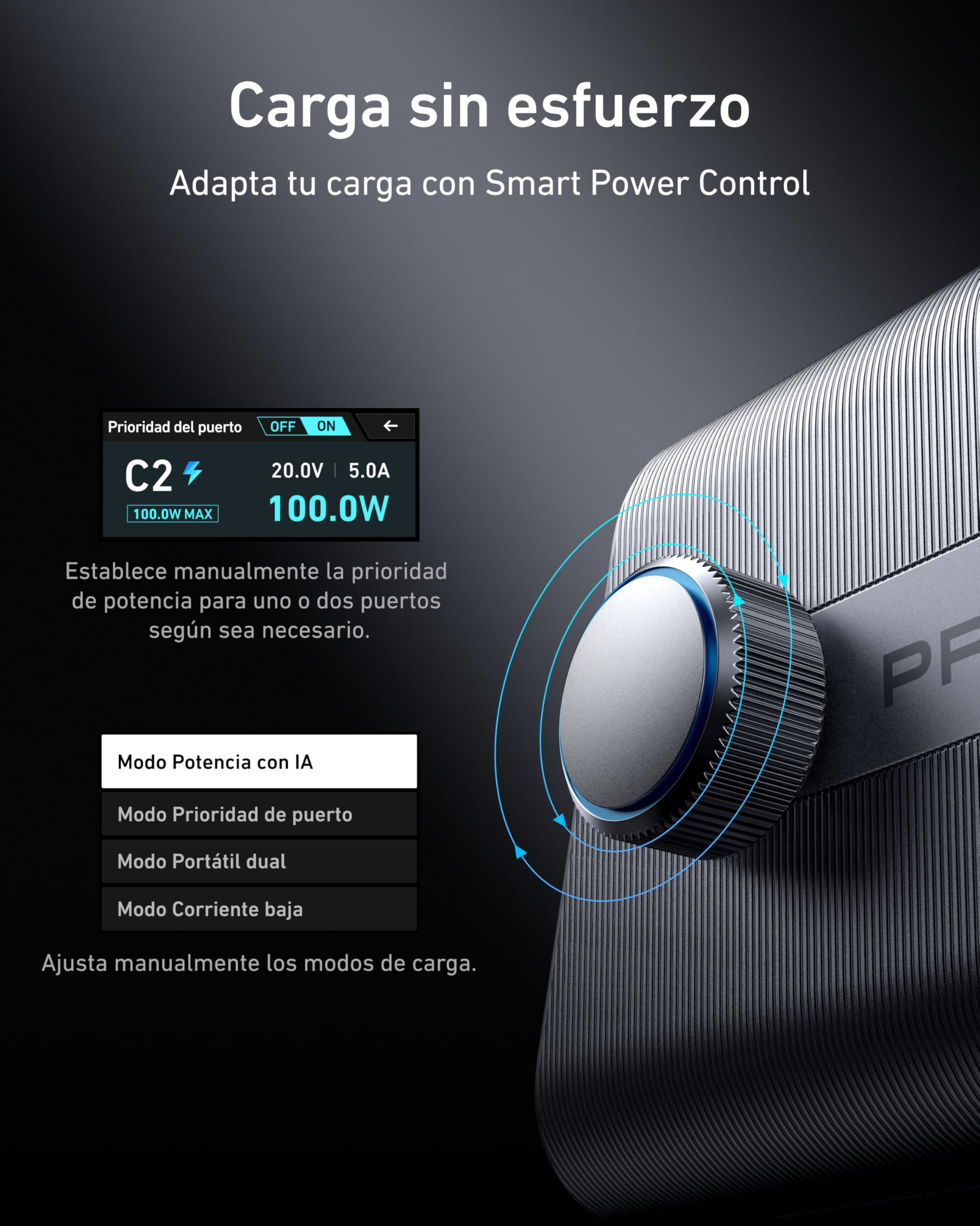 Anker Prime GAN Cargador USB C Carga Rapida 250 W, Estación de 6 Puertos, Pantalla LCD de 2,26" y Dial de Control Inteligente para MacBook Pro/Air, iPhone 17/16/15/14 Air, Pixel, Galaxy, Apple Watch