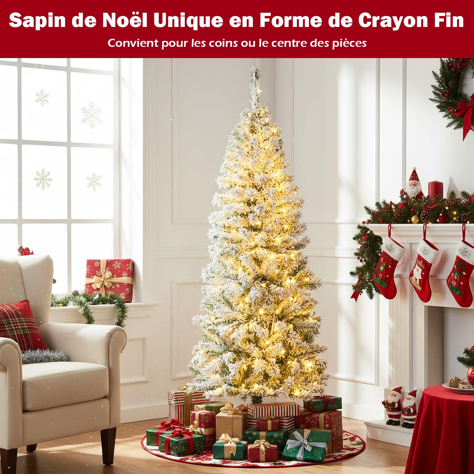COSTWAY Sapin de Noël Pré-éclairé, Arbre Articulé avec 329/533 Branches en PVC Enneigé, 180/260 Lumières LED Blanc Chaud, 8 Modes, Pied Métallique, Décoration Élégante pour Maison, Bureau (150 cm)