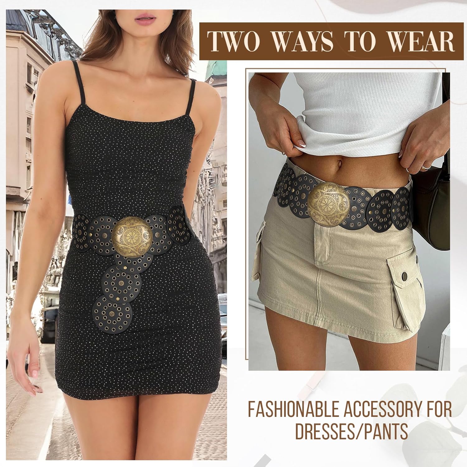 JASGOOD Western Belts for Women Wide Hollow Disc Leather Belt Cowgirl Waist Belt for Jeans Dresses with Metal Buckle - Image 5