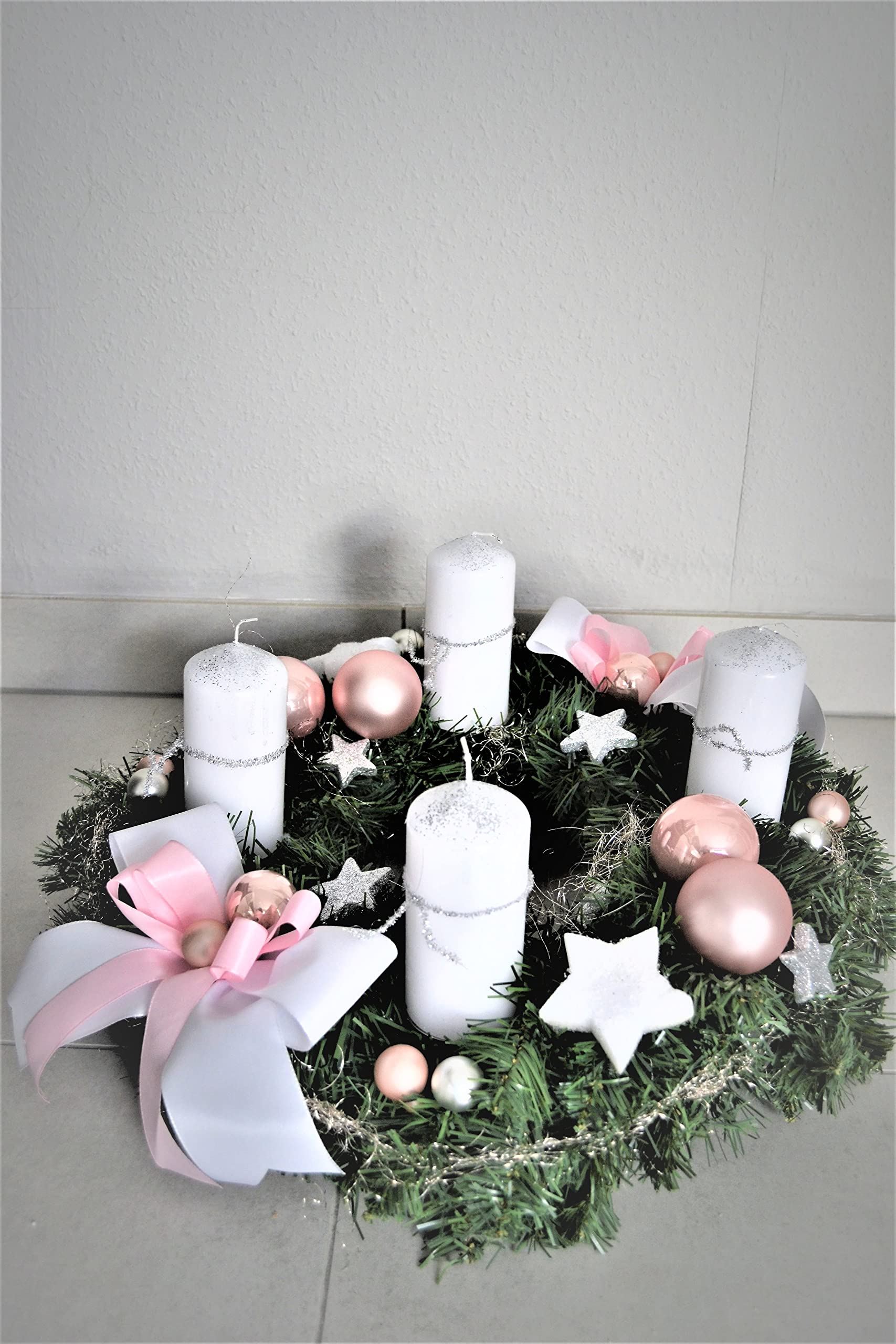 Adventskranz weiß rosa 40 cm künstlich Weihnachten Adventsgesteck Deko