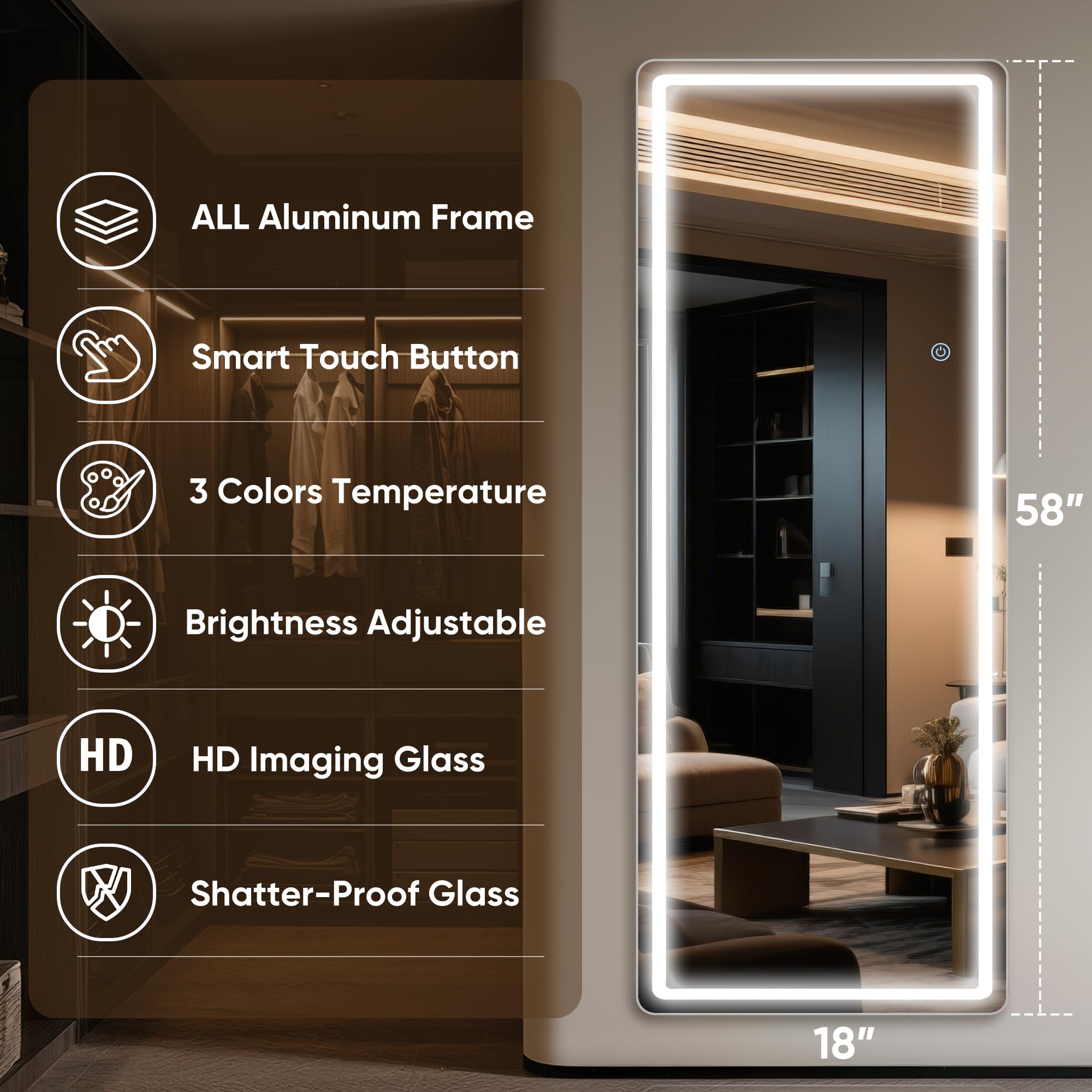 Antok LED Full Length Mirror with Light, 71"x28" Lighted Full Body Mirror with Stand, Dimmable & 3 Color Lighting Standing/Leaning/Wall Mounted Vanity Mirror for Bedroom Cloakroom Livingroom(Rect): 58"L x 18"W Rect Style White