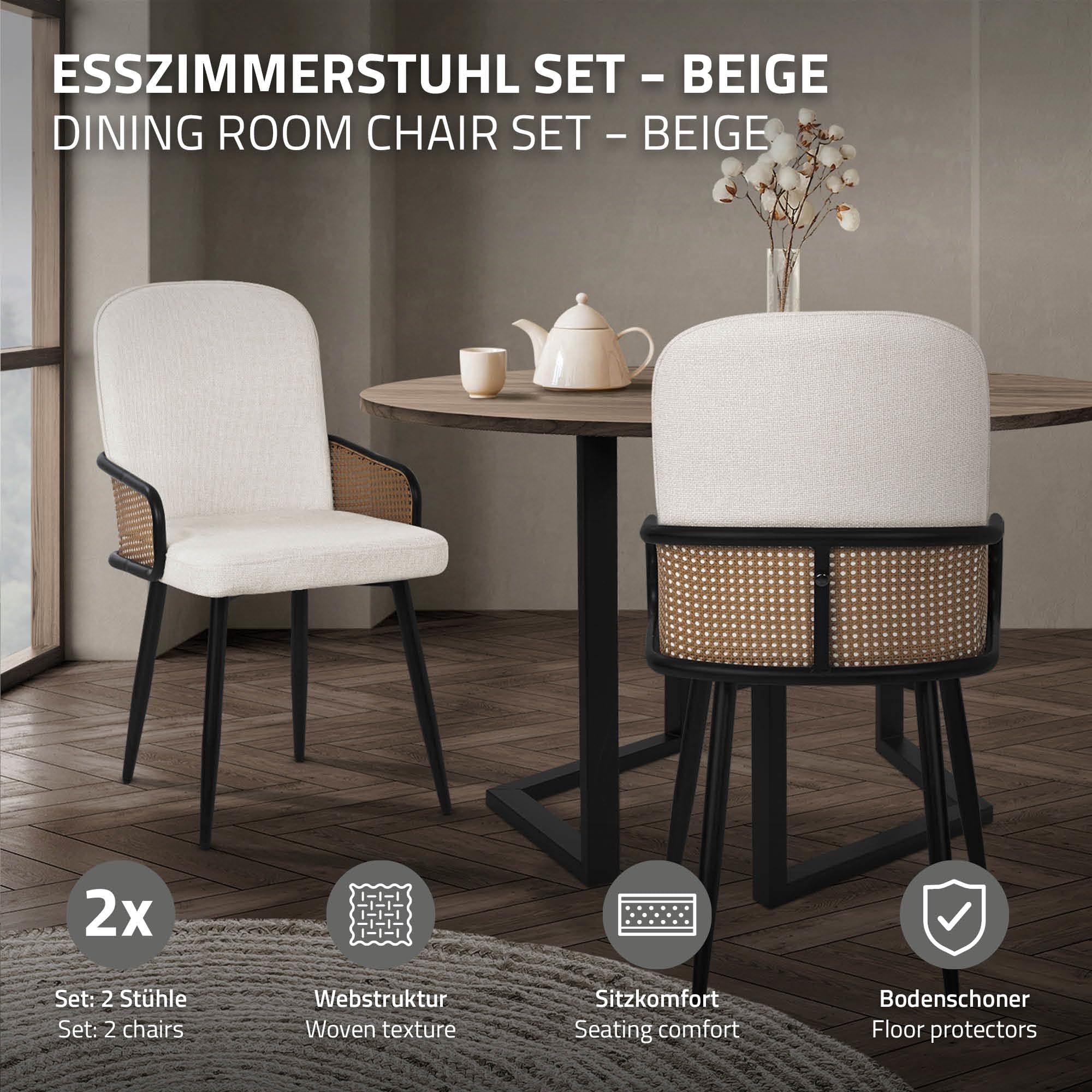 ML-Design Juego de 2X Sillas de Comedor con Funda de Tela Beige, Asiento de Salón con Respaldo, Reposabrazos con Aspecto de Ratán Mueble Tapizado con Patas de Metal, Sillón Ergonómico de Cocina