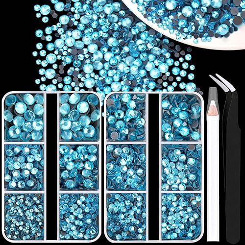 Tamaño mixto SS6-SS30 Aguamarina Hotfix Rhinestone Set, Flatback Hot Fix Cristales termoadhesivos Piedras de diamante de cristal con herramientas