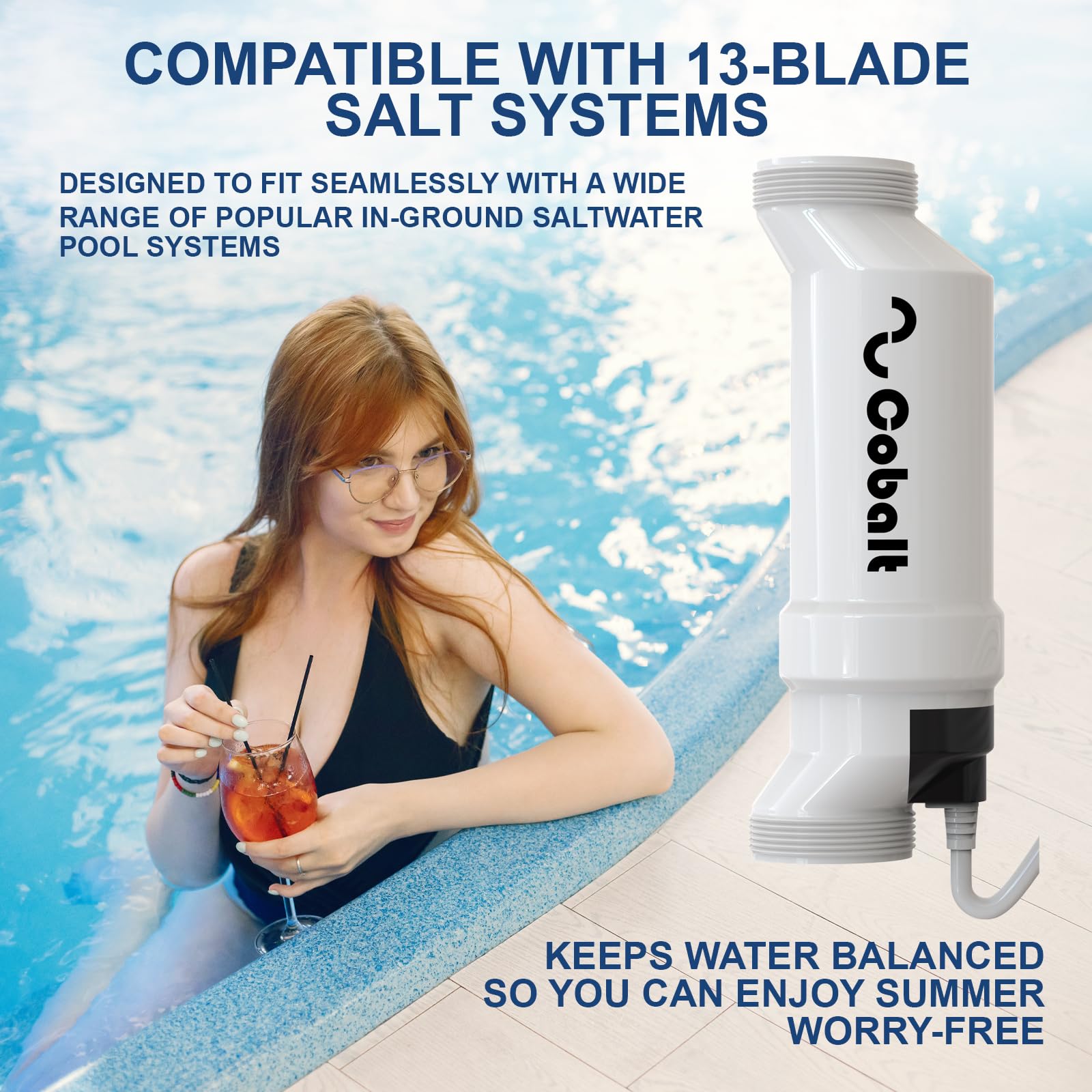 Célula de sal de repuesto para sistemas de piscina T-15, hasta 40,000 galones, compatible con sistemas líderes de agua salada, titanio de 13 cuchillas, soporte de polaridad inversa