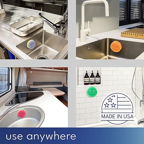 Miniatura 4 de Storage Theory - Soporte de esponja con ventosa, organizador de fregadero de baño y cocina blanco para esponjas de cara sonriente, no incluye