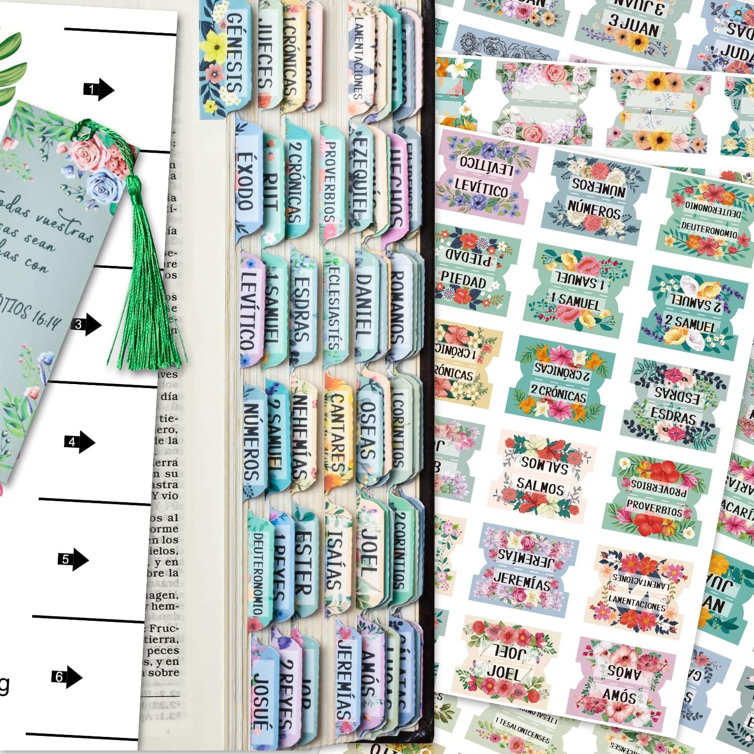 Spanish Bible Index Tabs New & Old Testament Tabs Matte Laminated Floral Design, Bible Journaling Supplies - 121 Pcs