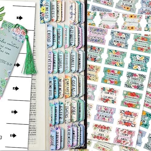 Pestañas de índice de la Biblia española, pestañas del Nuevo y Antiguo Testamento, diseño floral laminado mate, suministros de diario bíblico, 122