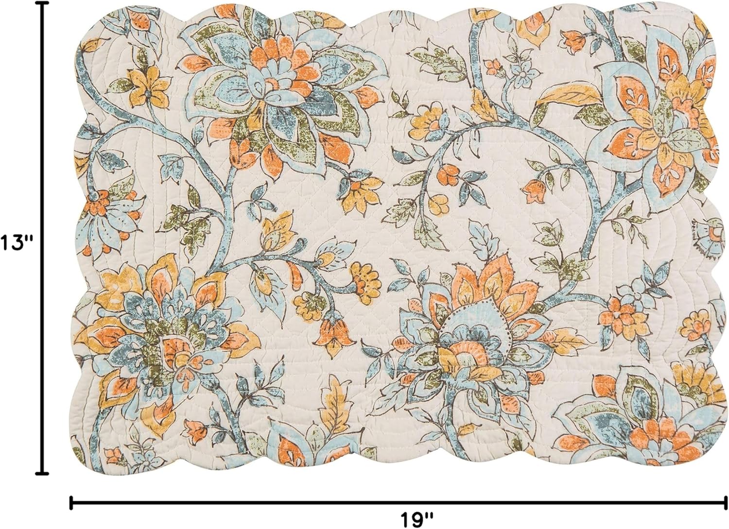 C&F Home Ainsley Jacobean Floral Reversible Stripes Cotton Machine Washable Scallop Edge Quilted Placemats Set of 6 Placemats for Dining Kitchen Tabletop Home Decor Decoration 13" x 19" Tan