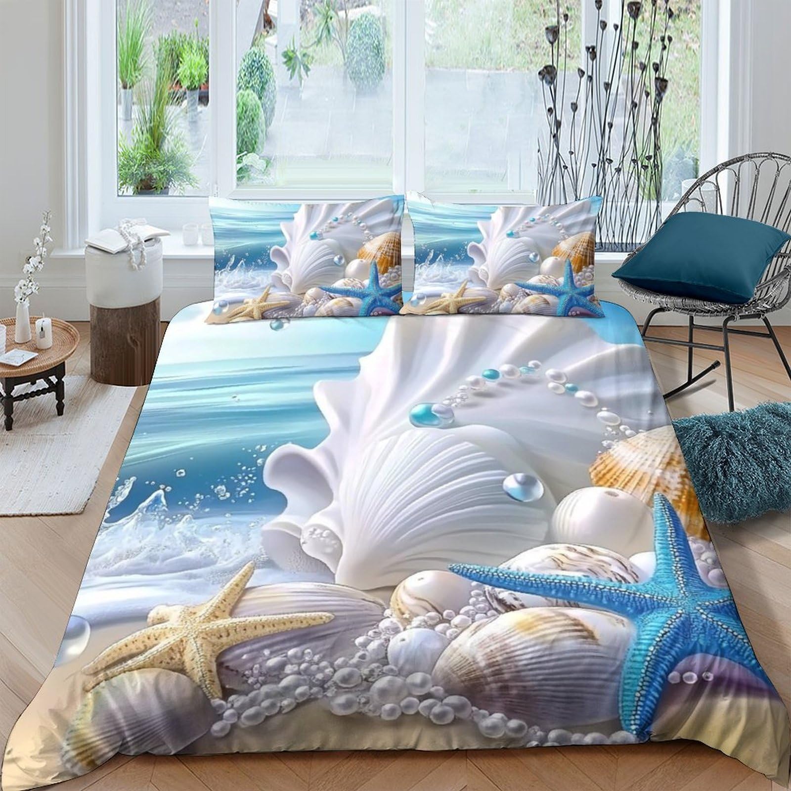 GPLZQXKJNH 3D Printed Ocean Shells Duvet Cover Microfiber Soft Starfish Bedding Set with 2 Pillowcases for Bedroom Decor Single（135x200cm）