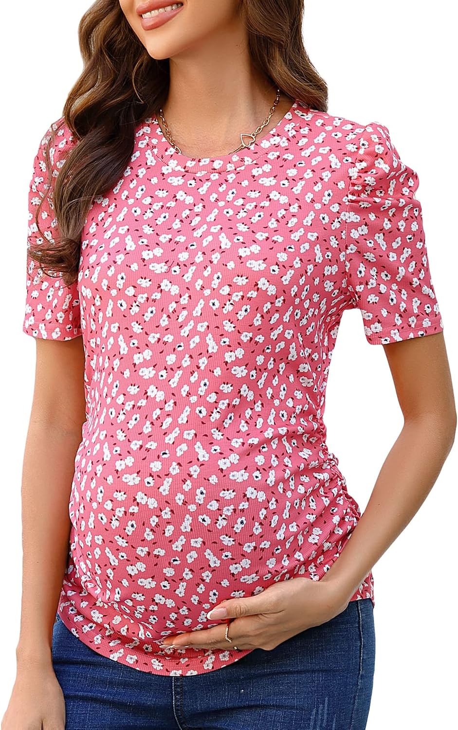Maternity Shirts Women's Casual Floral Print Tops Pregnancy Puff Short Sleeve Striped Ruched Side Tunic Top