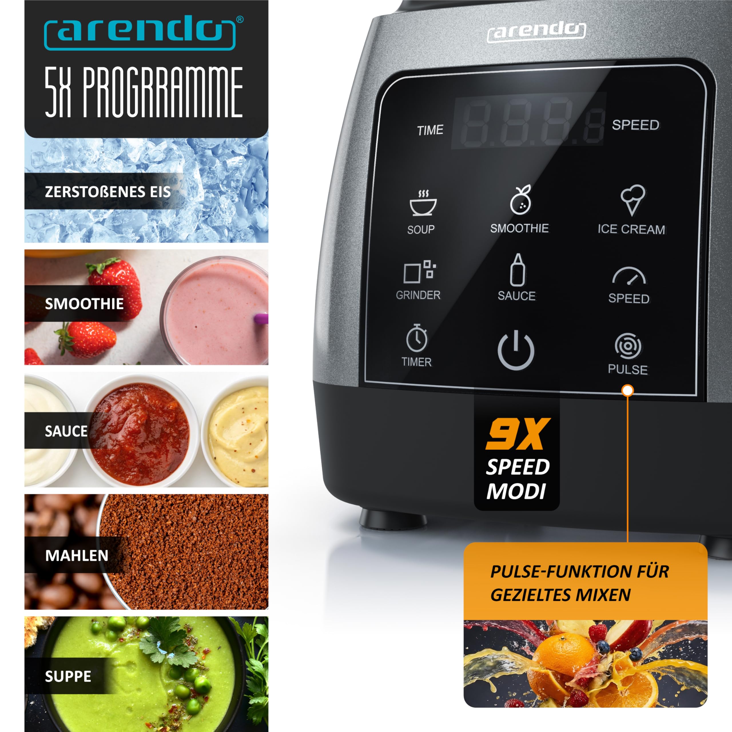 Arendo Standmixer 2000 W – 24.000 U/min, Touchpanel, 9 Stufen, 5 Programme – Für Smoothies, Suppen & Mehr