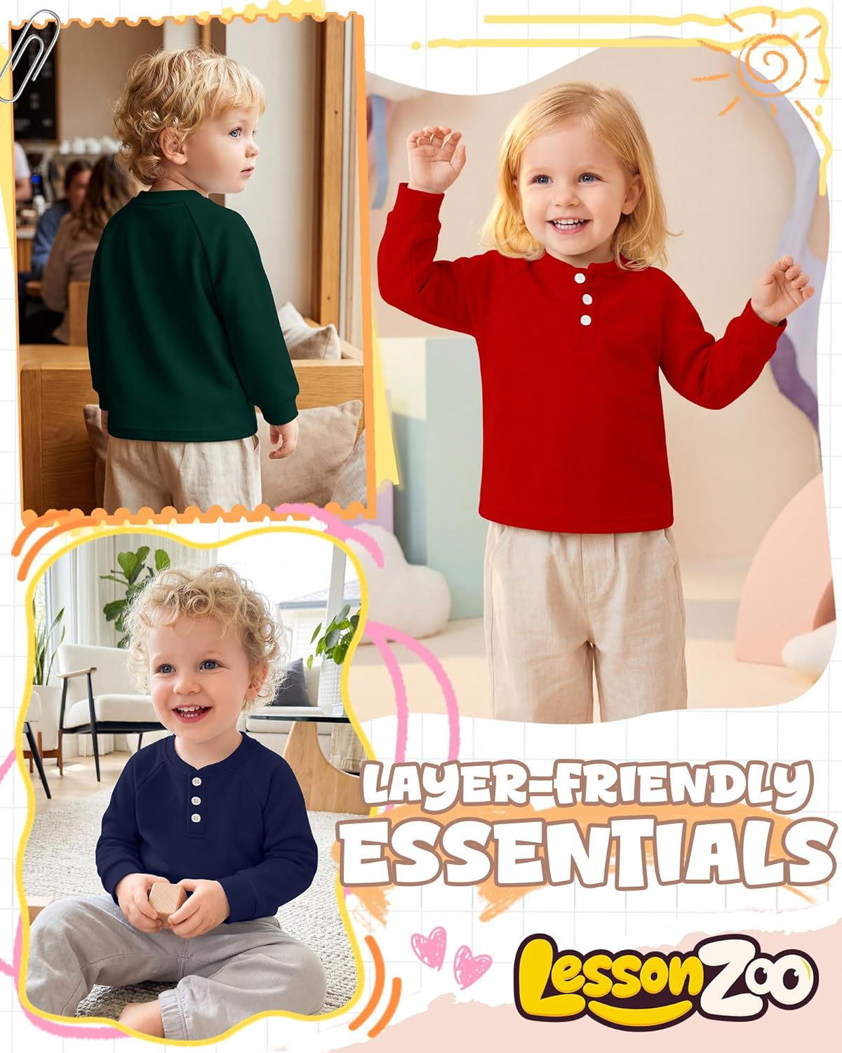 4 Pack Toddler Boys Girls Thermal Long Sleeve T-Shirts Henley Undershirt Top Basic Layer Long Sleeve Fleece T-Shirt - Image 2