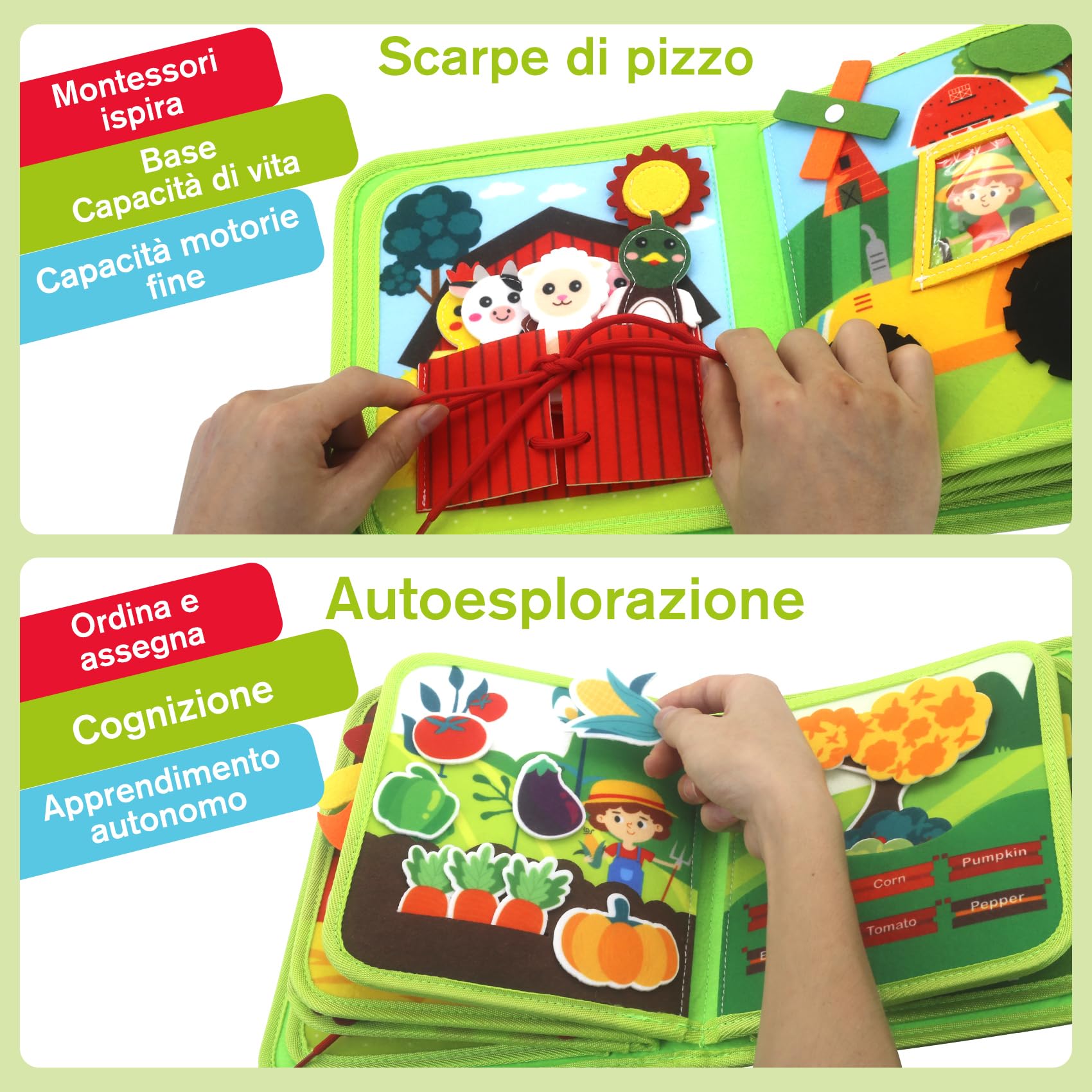 Meafeng Busy Board Libro Montessori Interattivo 1 Anno, Quiet Book sensoriale educativo, Giochi Montessori 1 2 3 4 5 6 Anni, Pannello di Feltro attività, Valigetta Montessori Bambini