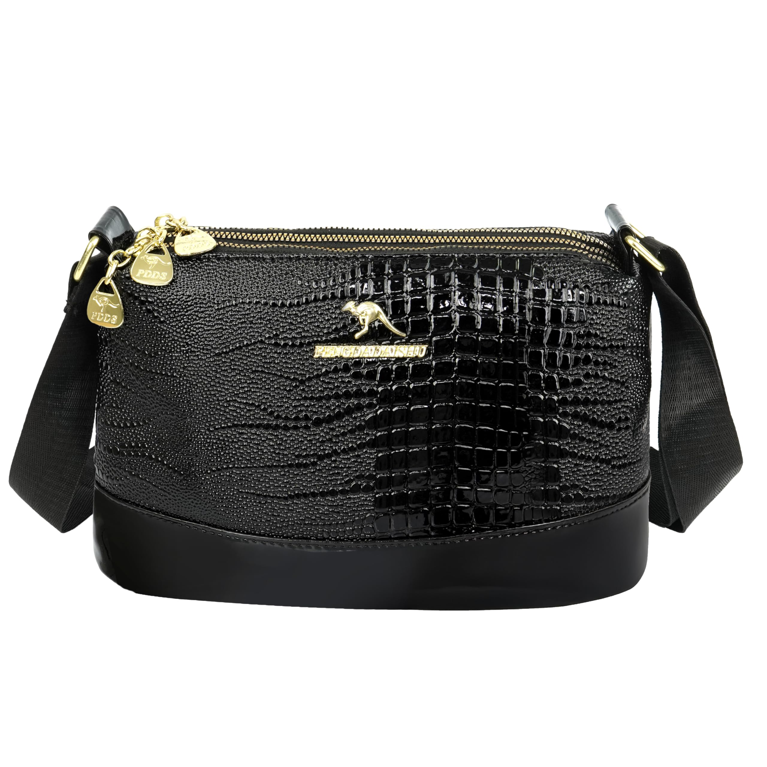 small pu leather women tote bag, glossy texture fashionable & party sling bag, pillow shoulder crossbody bag with adjustable strap-black