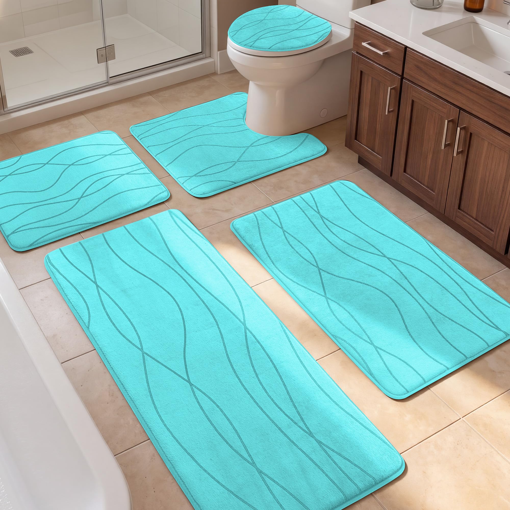 YIHOUSE Bathroom Rugs Set 5 Piece, Memory Foam Bath Mat Teal
