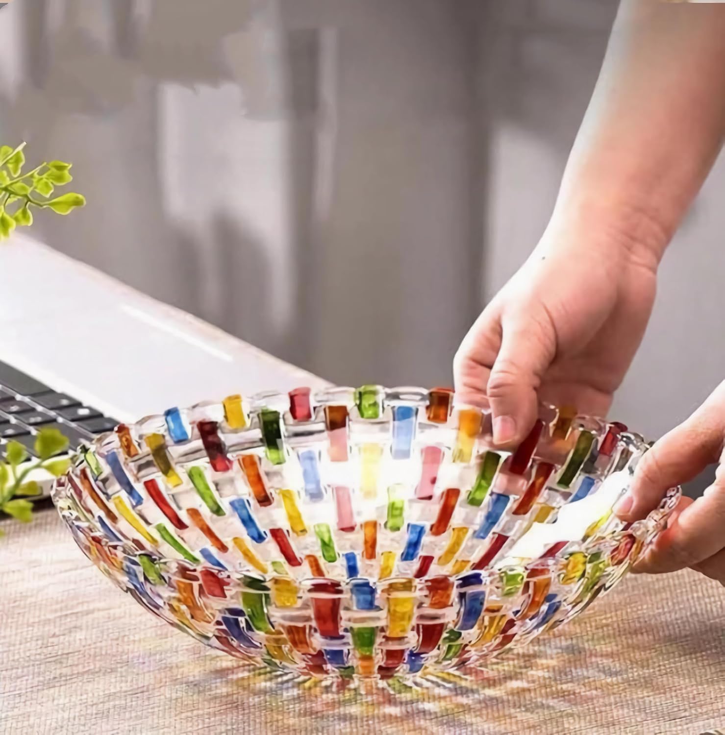 10" Colorful Crystal Glass Fruit Candy Dessert Snack Salad Bowl, Hand Painted Woven Art Decorative Bowl for Home,Office,Wedding Centerpiece Decor, Party, Server