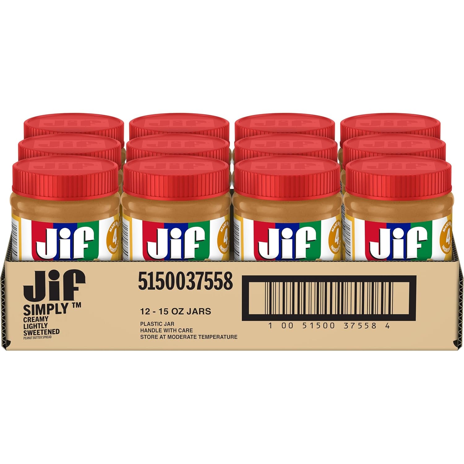 Mantequilla de Maní Cremosa Jif Simply, Ligeramente Endulzada, Frasco 15 Onzas (Paquete de 12)
