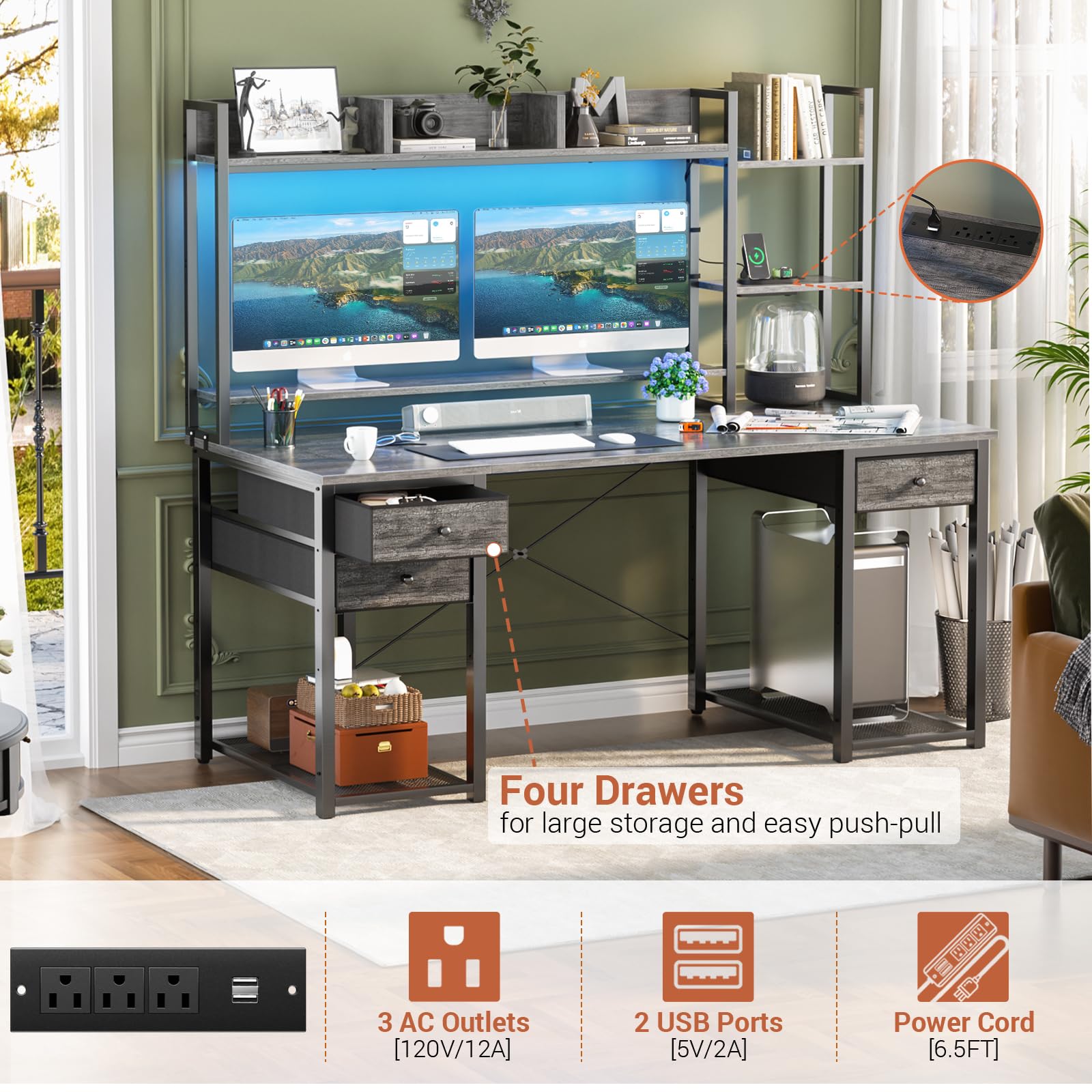 Aheaplus Desk with LED and Outlets, Gaming Desk with Hutch, 55.2'' Computer Desk with Drawers, Reversible Office Desk with Storage Bookshelf Large Workstation Desks with Shelf, Desk for Home, White: Black Oak 55.2''