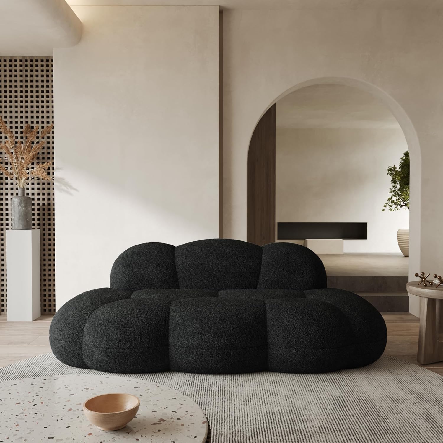 WJShome 90" Modern Curved Cloud Shaped Couch for Living Room,Lazy Floor Couch, Boucle LoveSeat 3 Seater Sofa, Cozy Leisure Boneless Couches for Bedroom, Apartment-No Assembly Required (Black)