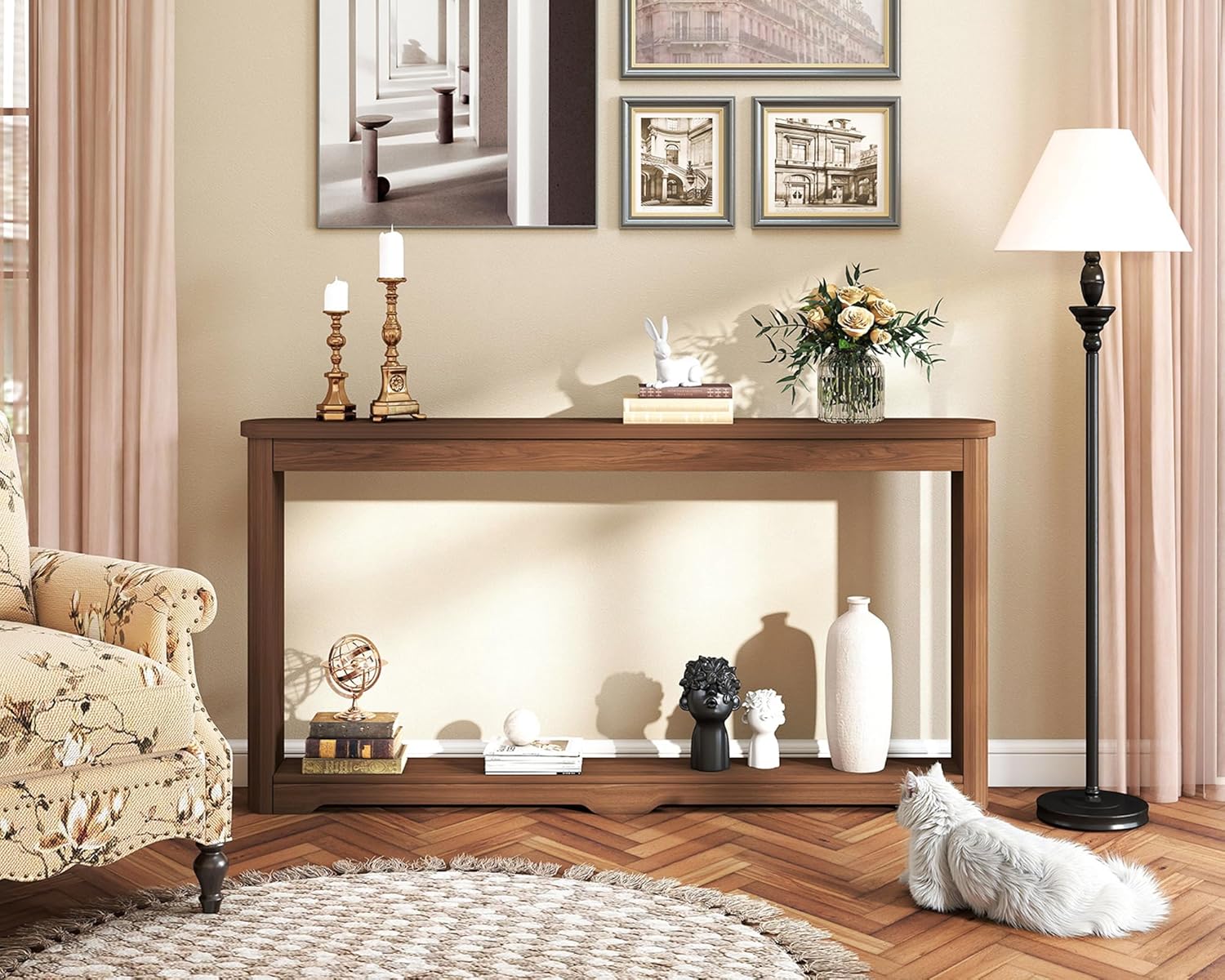 Rovibek Modern 70 Inch Entryway Table Narrow - Behind Sofa Table Narrow, 8 Inch Deep Console Table Behind Couch with Open Storage, Walnut Entryway Table for Hallway, Foyer, Living Room