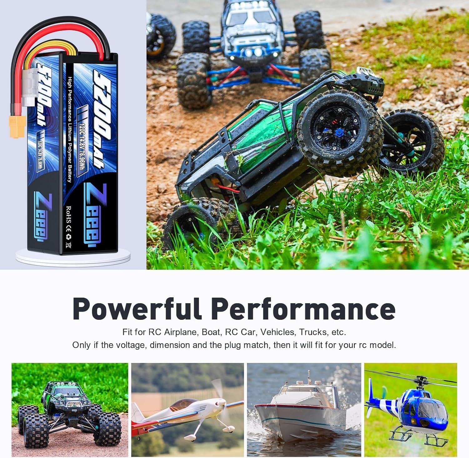 Zeee 4S Lipo 5200mAh 14,8V 120C RC-Akku Hartschalen mit XT60 Stecker(2 STK) | RC Batterie für RC-Autos LKWs RC-Buggys Truggys Racing-Crawler Monster-RC-Hobbymodelle im Maßstab 1/10